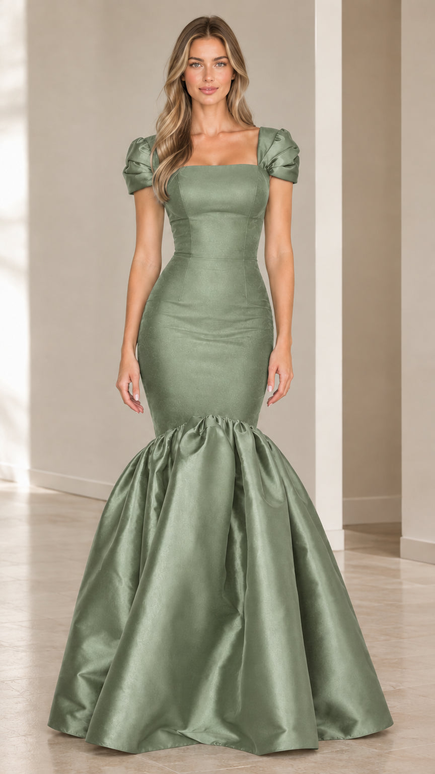 Sage green square neck mermaid maxi dress with short puff sleeves