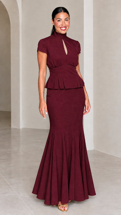 Burgundy high neck keyhole peplum mermaid maxi dress set