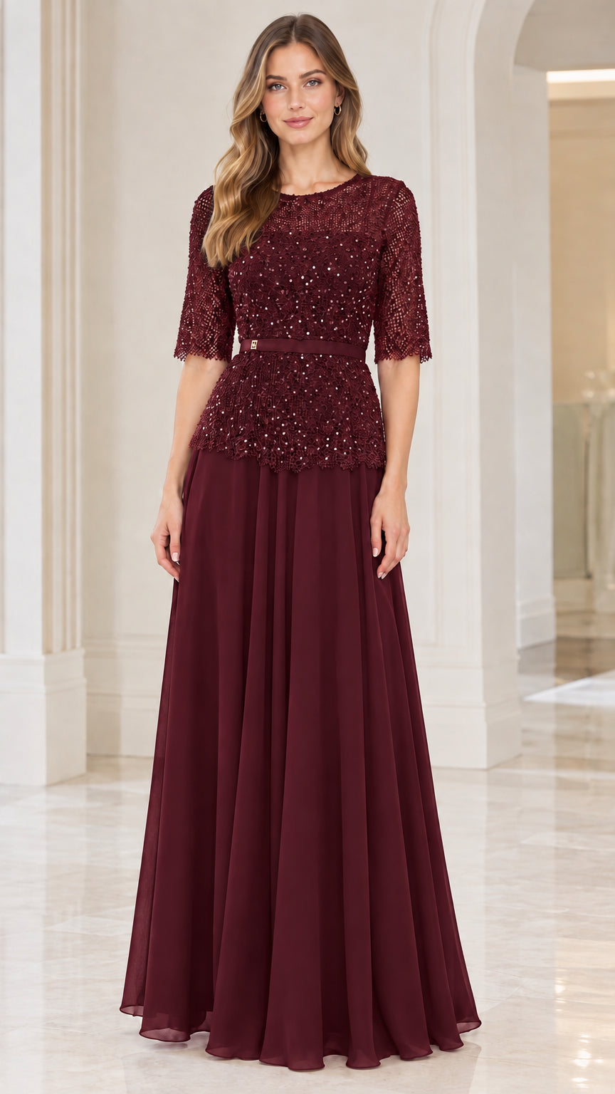 Front view of burgundy sequin lace half sleeve evening maxi dress