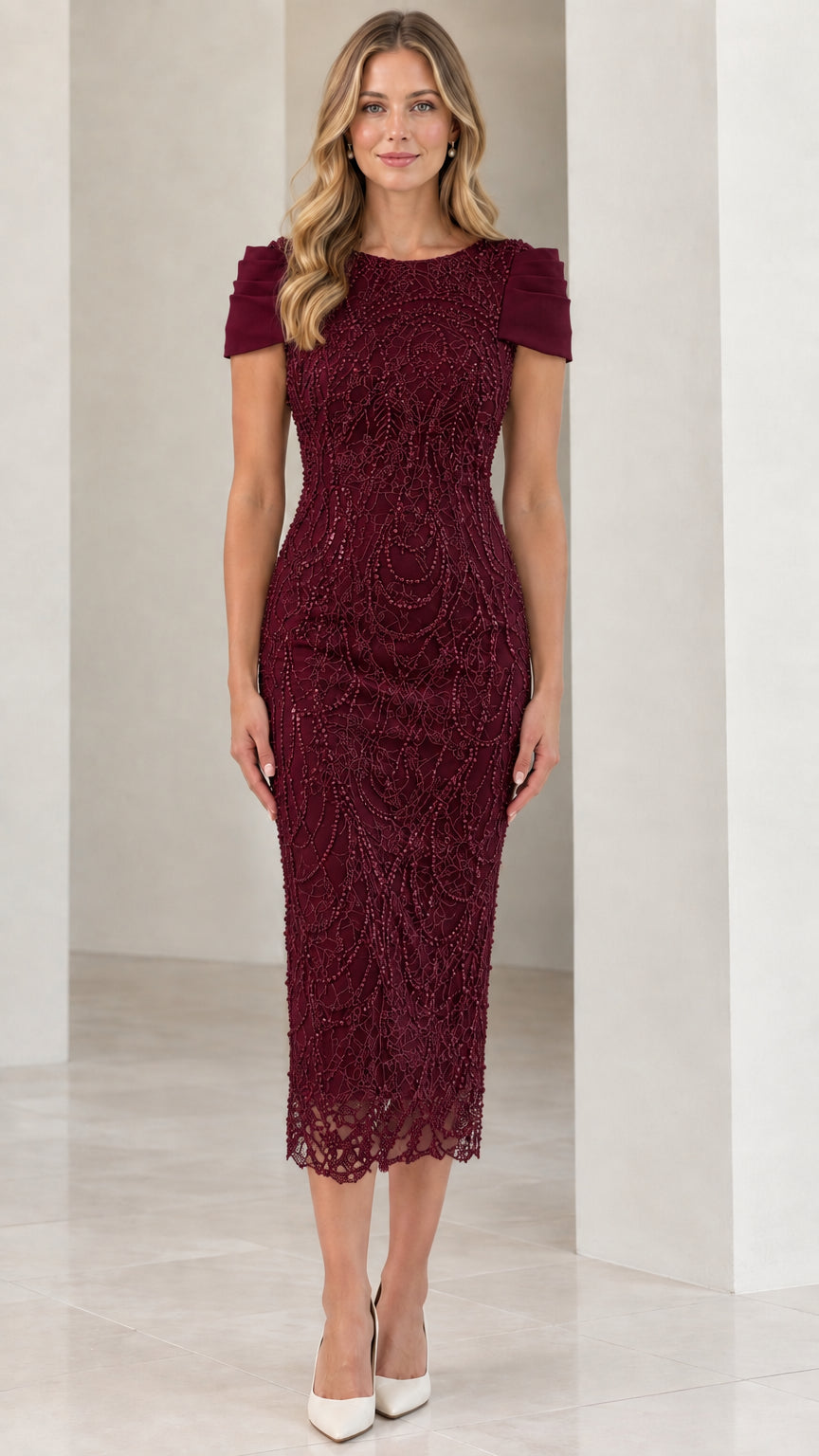 Front view of woman wearing Burgundy wine sequin midi formal dress