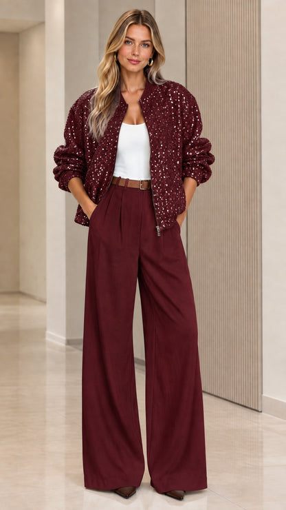 Full-length view of woman wearing burgundy sequin bomber jacket with matching burgundy trousers