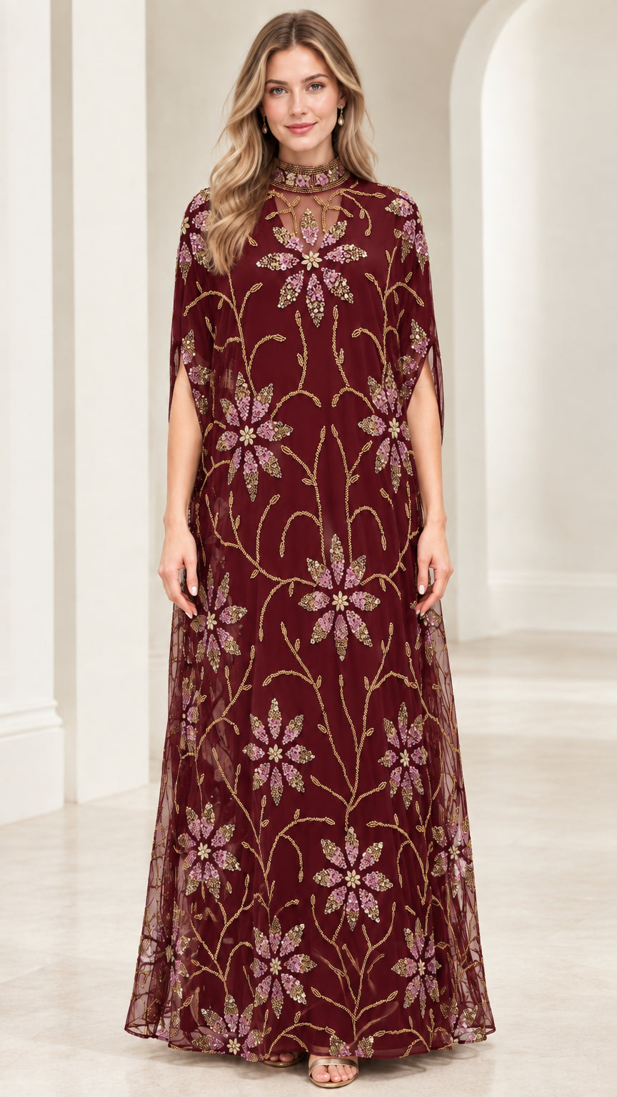 Front full view of burgundy wine red beaded cape sleeve evening dress
