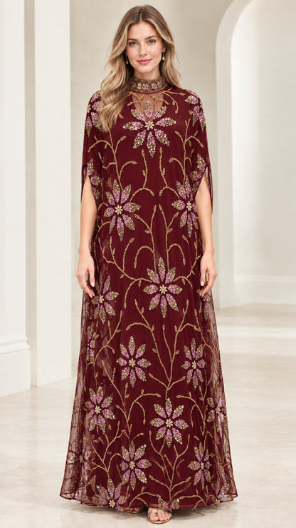 Front full view of burgundy wine red beaded cape sleeve evening dress