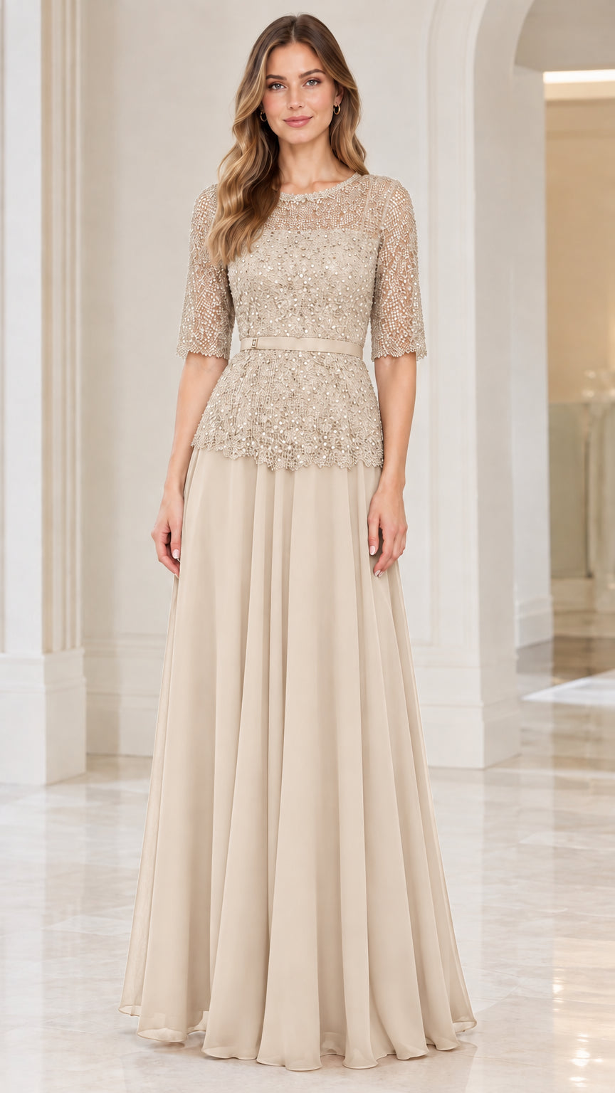 Front view of champagne beige sequin lace half sleeve evening maxi dress