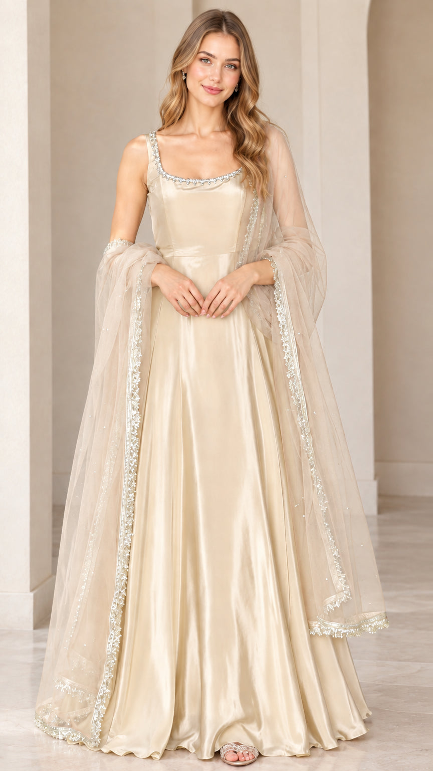Front view of model wearing champagne gold sleeveless flared gown with matching embellished dupatta