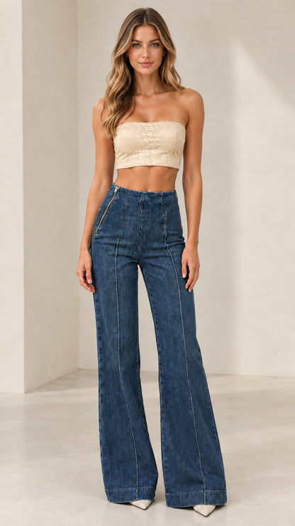 Full-length shot of model in Classic Blue high-rise flare jeans