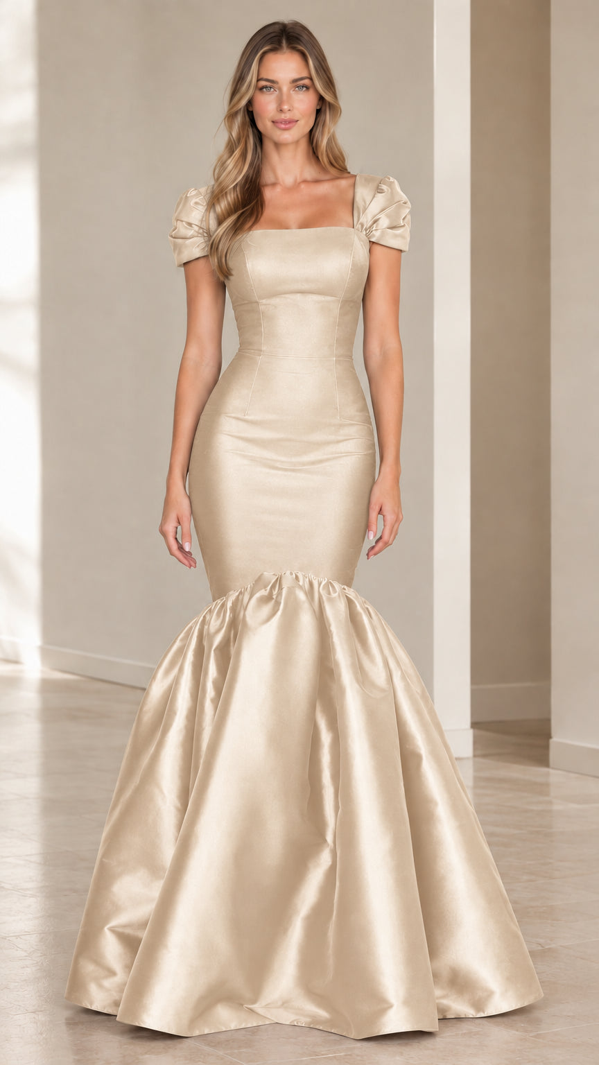 Champagne gold square neck puff sleeve satin mermaid ballgown
