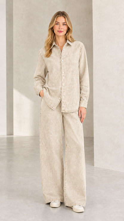 Full front view of beige neutral denim coordinated pant set