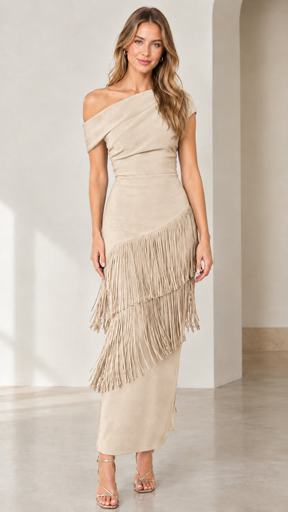 Front view of beige champagne one-shoulder tiered fringe midi dress
