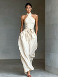 Ivory Cross-Halter Two-Piece Set | Wide-Leg Pants Outfit