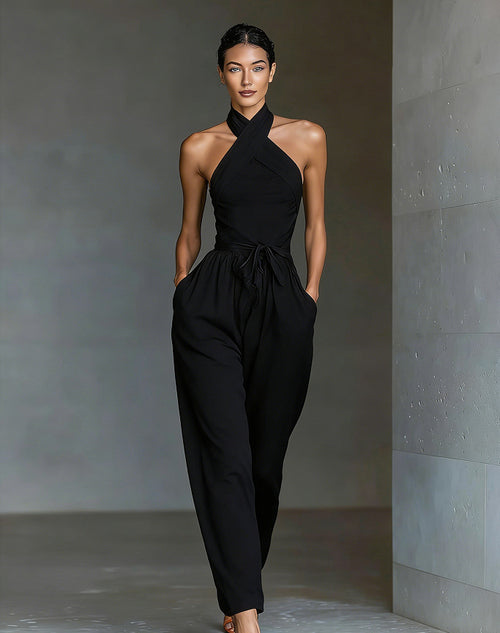 Ivory Cross-Halter Two-Piece Set | Wide-Leg Pants Outfit