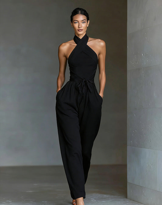 Ivory Cross-Halter Two-Piece Set | Wide-Leg Pants Outfit